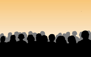 silhouettes of people against a yellow background