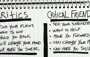 Rough note pad notes, listing the differences between critics and critical friends