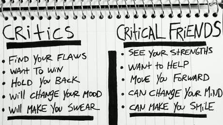 Rough note pad notes, listing the differences between critics and critical friends
