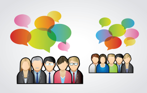 Groups of people with multi-coloured speech bubbles